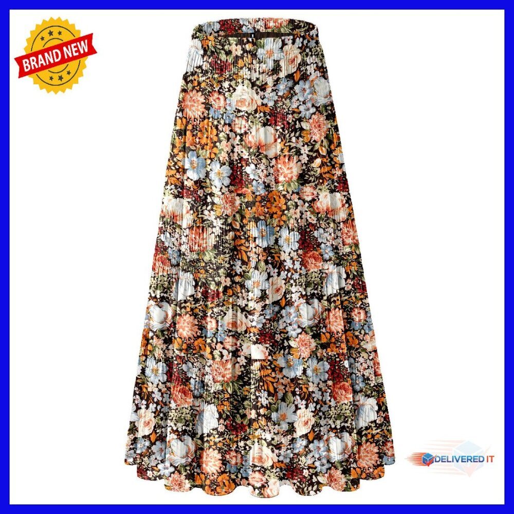 Chiffon Maxi Skirt With Elastic Waist, Pleated A-Line, Lined